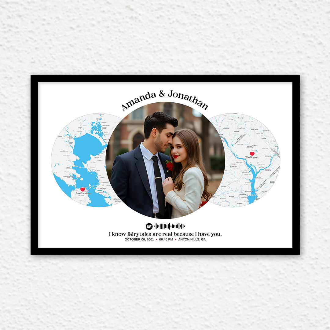 personalized memories put together on a map with spotify music frame