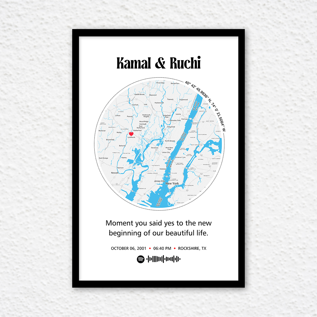 personalized memories put together on a map with spotify music frame