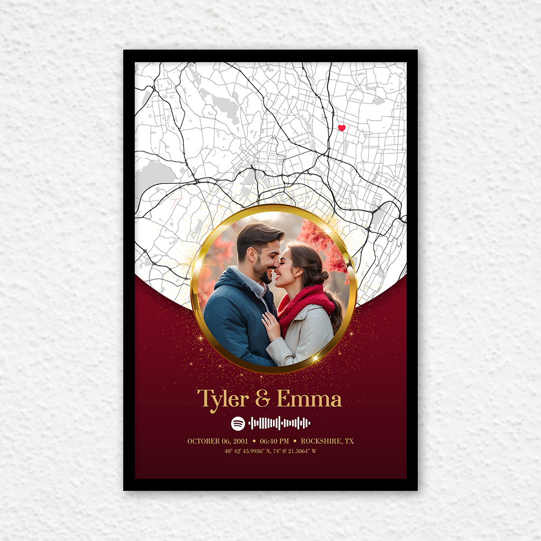 personalized memories put together on a map with spotify music frame