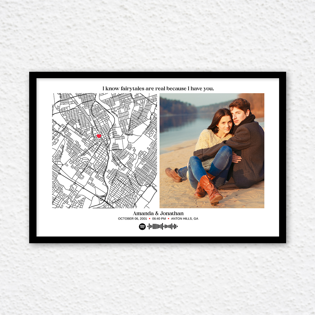 personalized memories put together on a map with spotify music frame