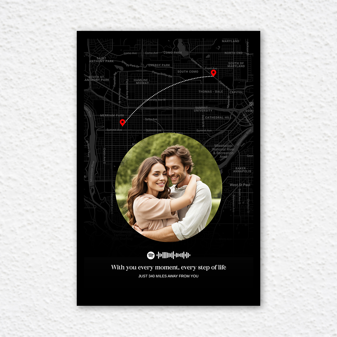 personalized memories put together on a map with spotify music frame