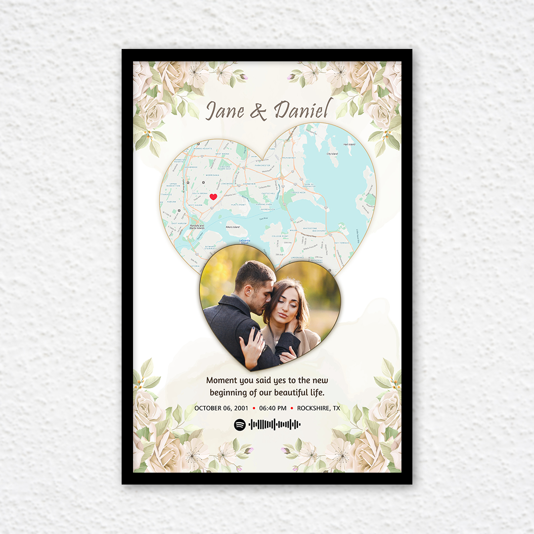 personalized memories put together on a map with spotify music frame